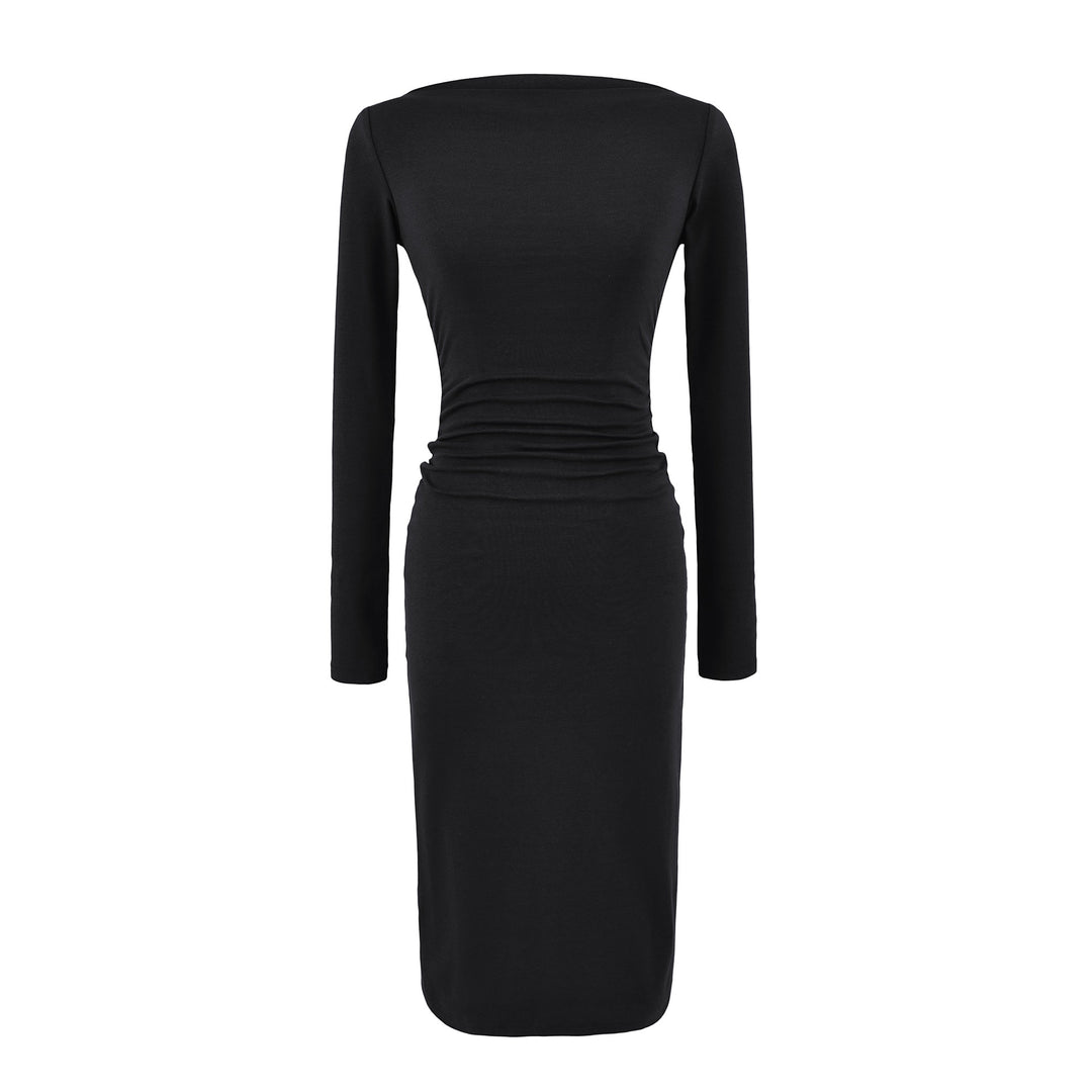 Women Figure-hugging Midi Dress with Gathering and Boat Neck Mune Fashion