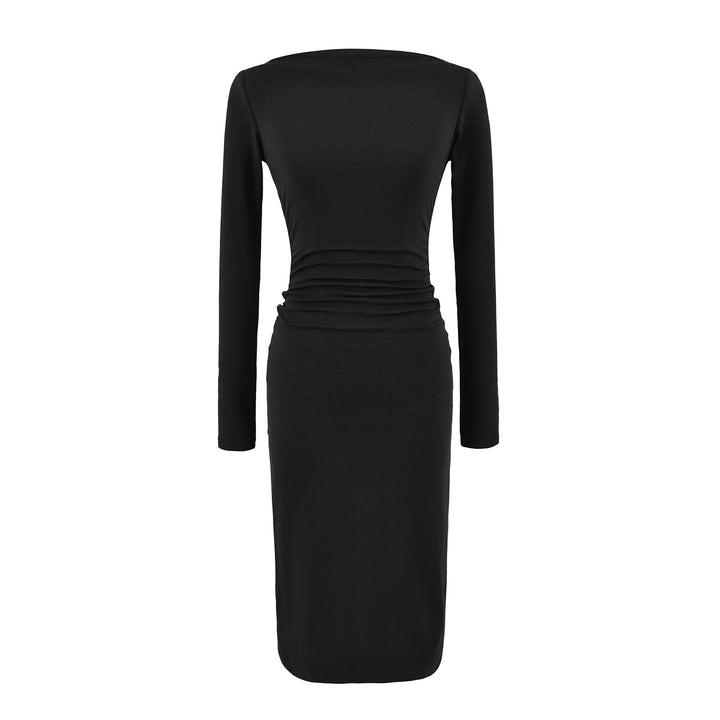 Women Figure-hugging Midi Dress with Gathering and Boat Neck Mune Fashion