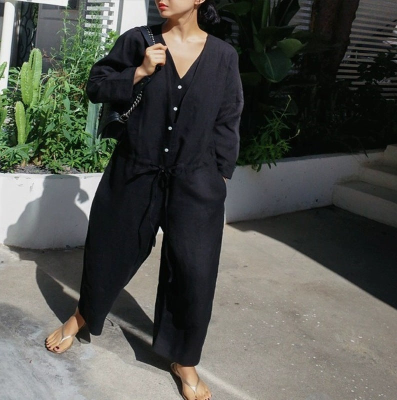 Women's Linen Jumpsuit with V-Neck and Tie Belt Mune Fashion