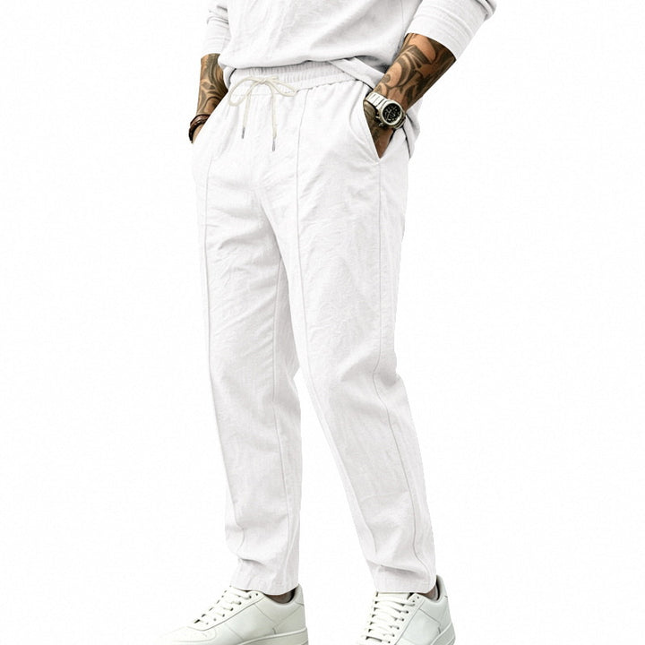 Men's tapered casual chino pants with elastic drawstring waistband, decorative crease and side pockets Mune Fashion