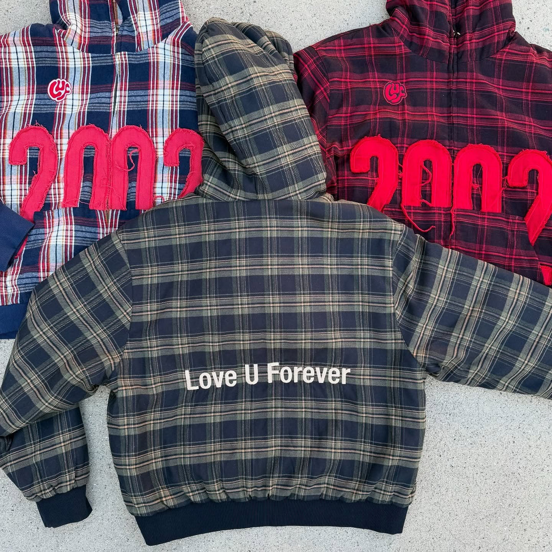 Unisex nan checkered hoodie with frayed year application and ribbed cuffs Mune Fashion