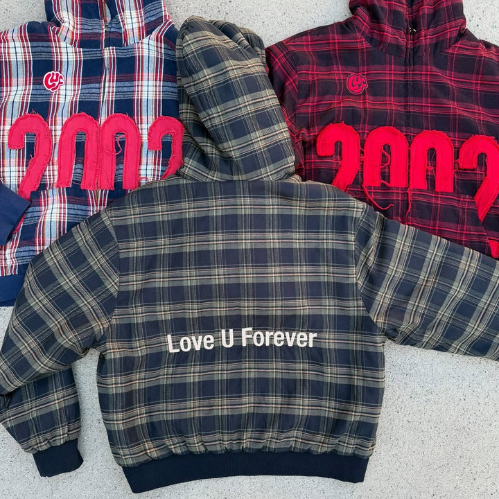 Unisex nan checkered hoodie with frayed year application and ribbed cuffs Mune Fashion