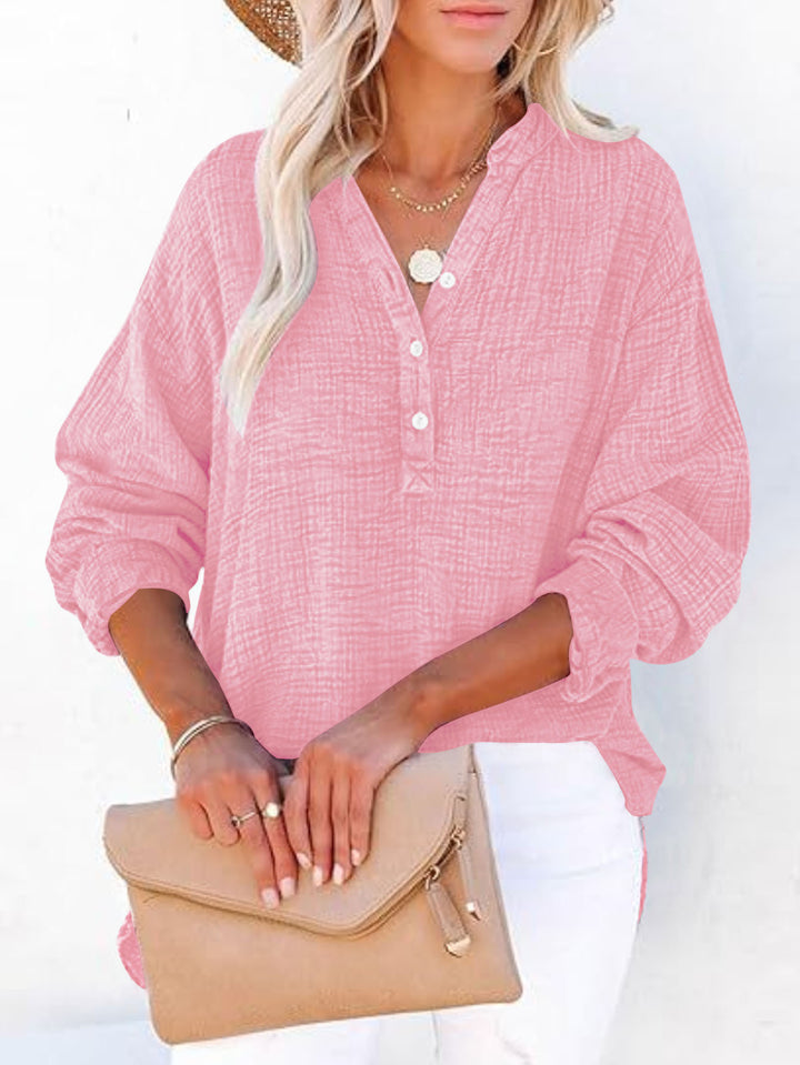 Women Oversize Textured Cotton Blouse with Henley Button Placket Mune Fashion