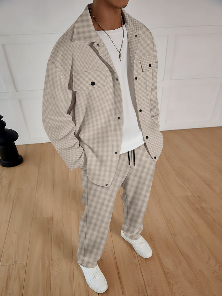 Men's two-piece overshirt lounge set with patch flap pockets, drawstring pants, and fine waffle texture Mune Fashion
