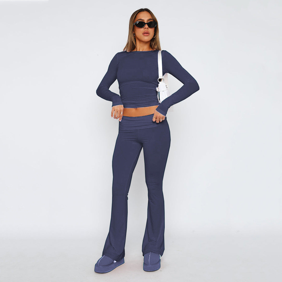 Women’s Stretch Lounge Set with cropped long sleeve top and flared high-waisted pants Mune Fashion