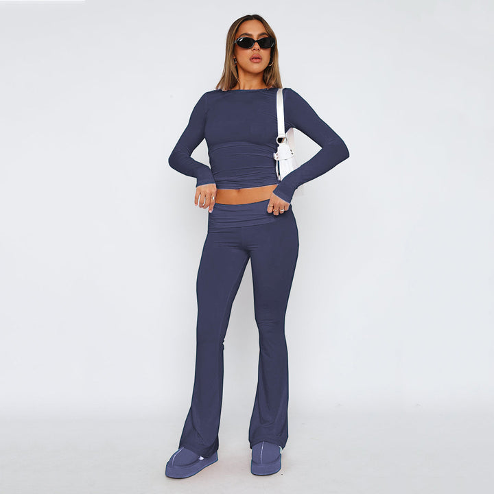 Women’s Stretch Lounge Set with cropped long sleeve top and flared high-waisted pants Mune Fashion
