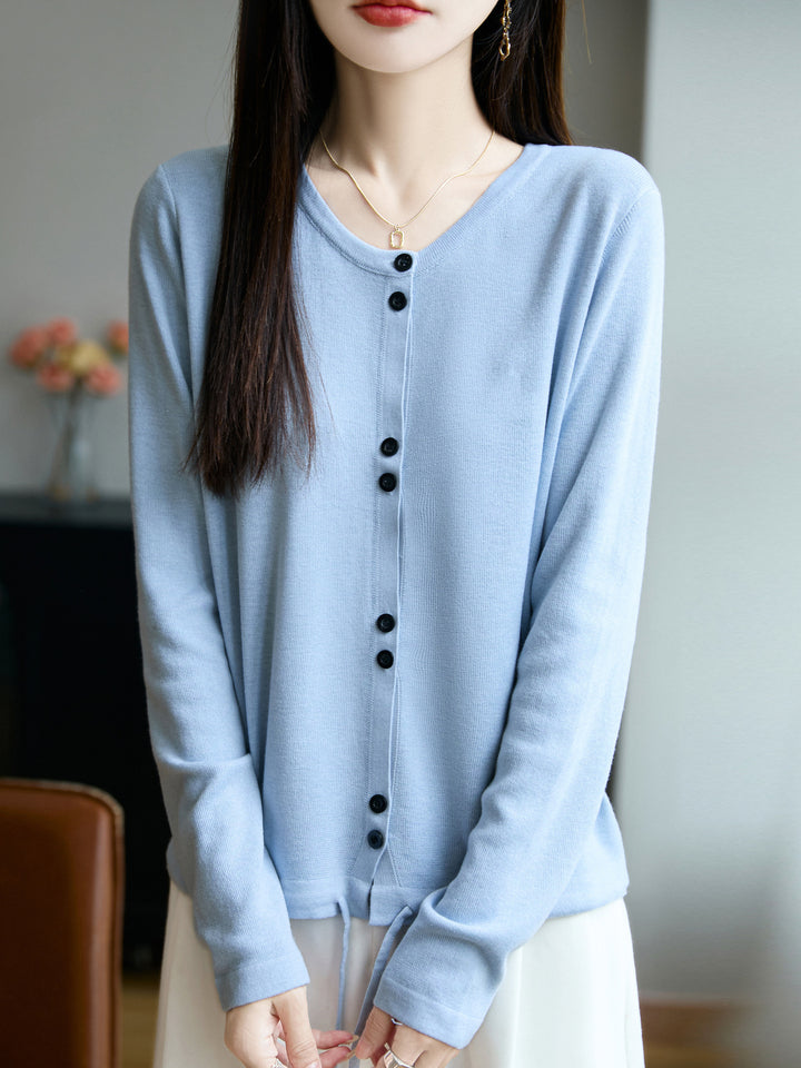 Women Lightweight Fine Knit Button Placket Cardigan with Round Neck Mune Fashion