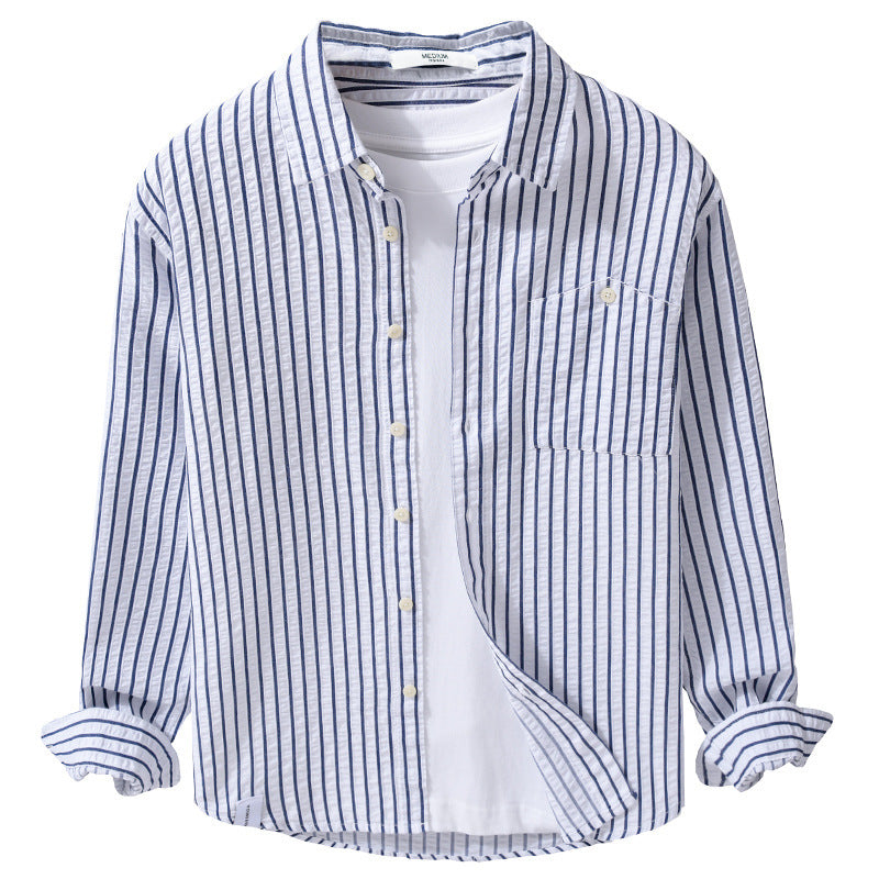 Men's Textured Stripe Shirt in Relaxed Fit made of Cotton-Linen Blend with Chest Pocket Mune Fashion