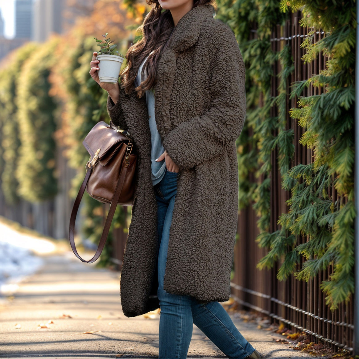 Women's Long Teddy Coat made of Faux Fur with Oversize Cut and Shawl Collar Mune Fashion