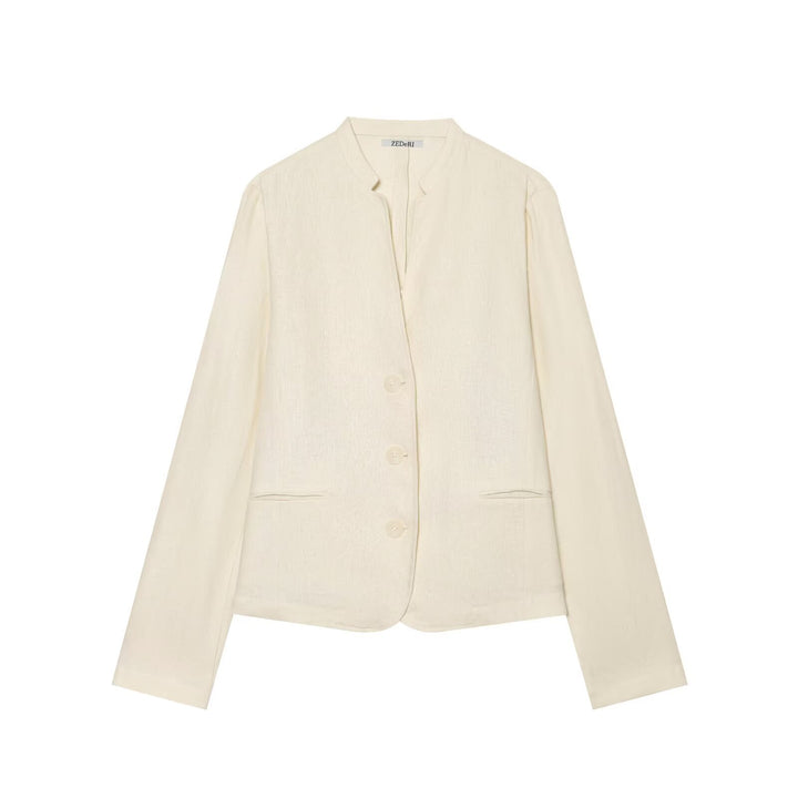 Women Lightweight Tailored Blazer Jacket with Stand Collar and Three-Button Closure Mune Fashion