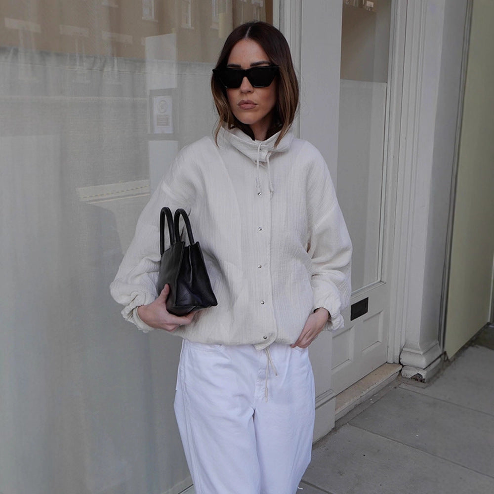Women's Lightweight Hooded Blouson Jacket made of Cotton Muslin with Drawstring Mune Fashion
