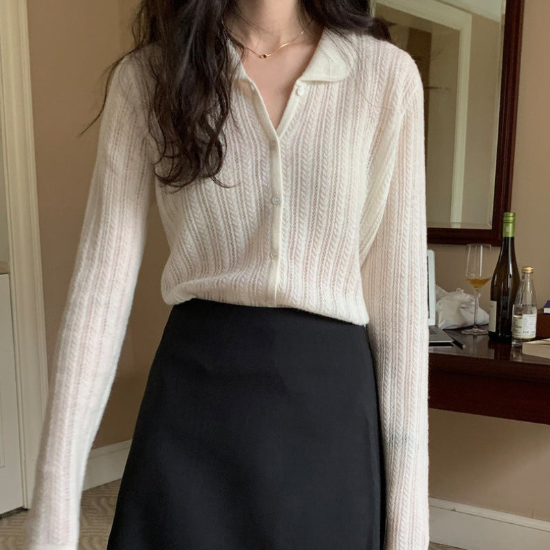 Women's Lightweight Openwork Knit Cardigan with Shirt Collar and Fine Cable Knit Texture Mune Fashion
