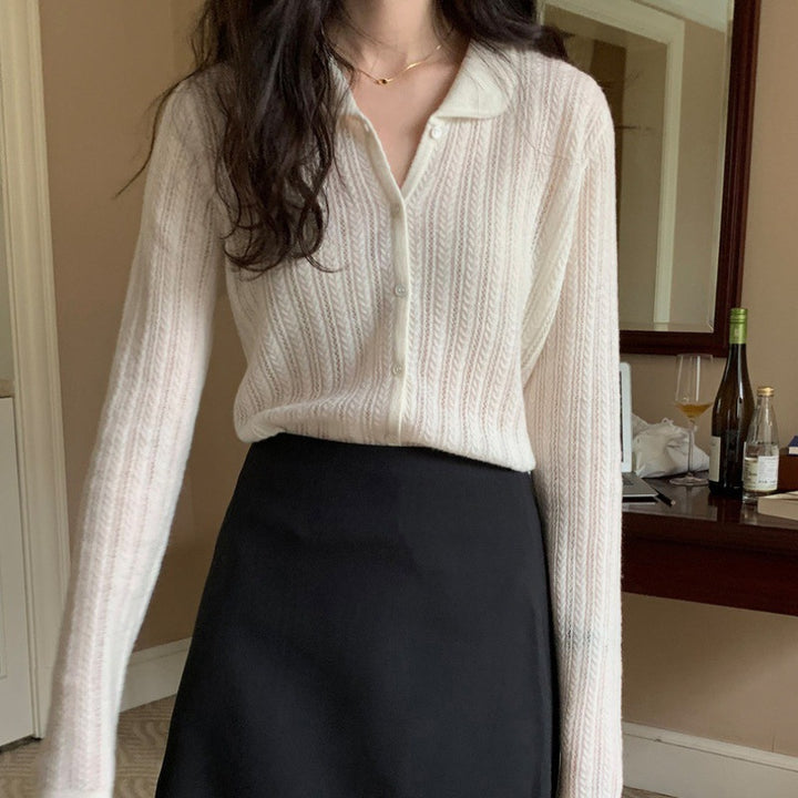 Women's Lightweight Openwork Knit Cardigan with Shirt Collar and Fine Cable Knit Texture Mune Fashion