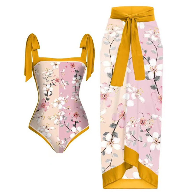 Women's Swimwear Set with Floral Swimsuit and Matching Maxi Skirt Mune Fashion