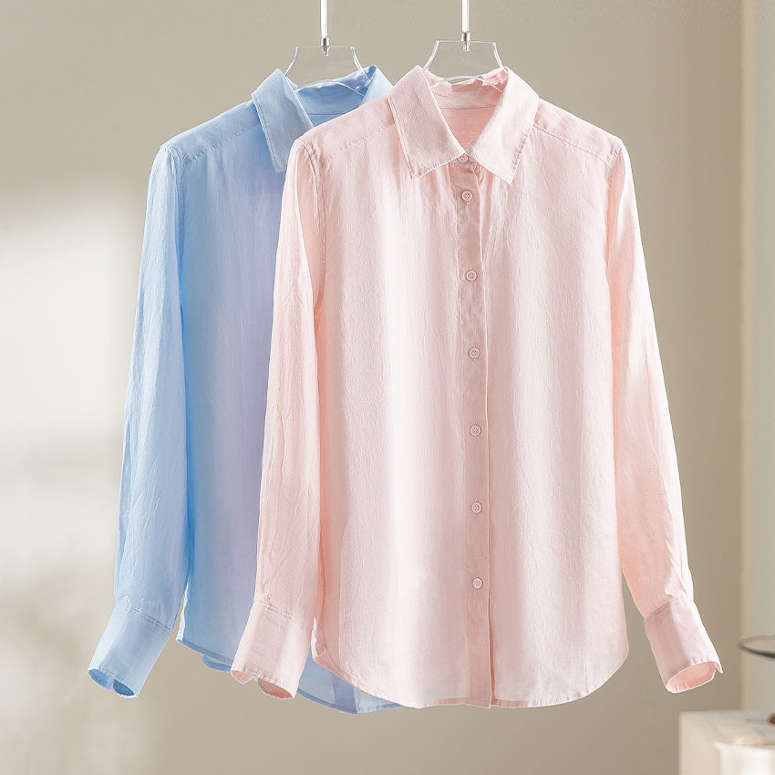 Women Lightweight Oversized Linen Blouse Shirt with Classic Collar and Continuous Button Placket Mune Fashion