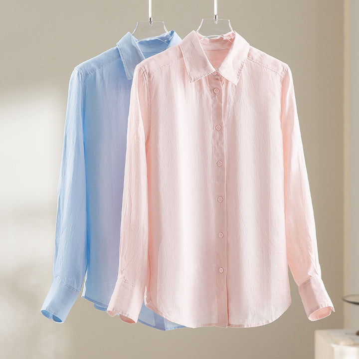 Women Lightweight Oversized Linen Blouse Shirt with Classic Collar and Continuous Button Placket Mune Fashion