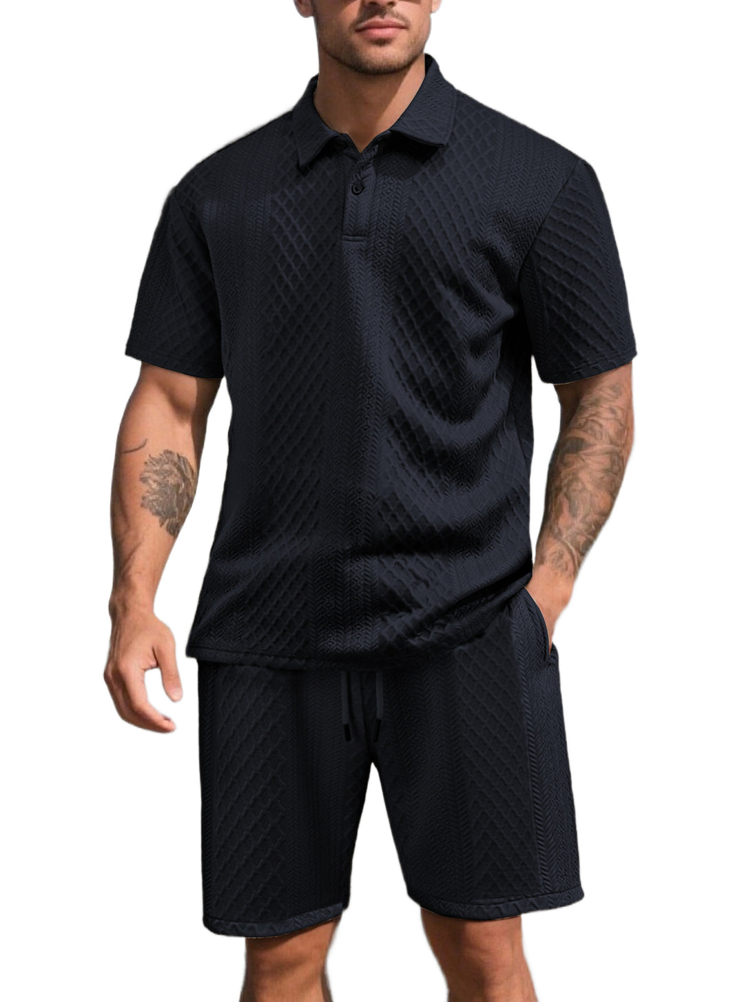 Men's three-dimensional relief leisure set with polo collar, concealed button placket and elastic drawstring shorts Mune Fashion