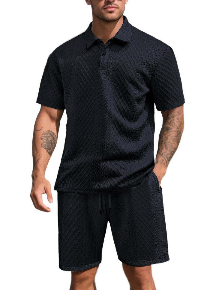 Men's three-dimensional relief leisure set with polo collar, concealed button placket and elastic drawstring shorts Mune Fashion