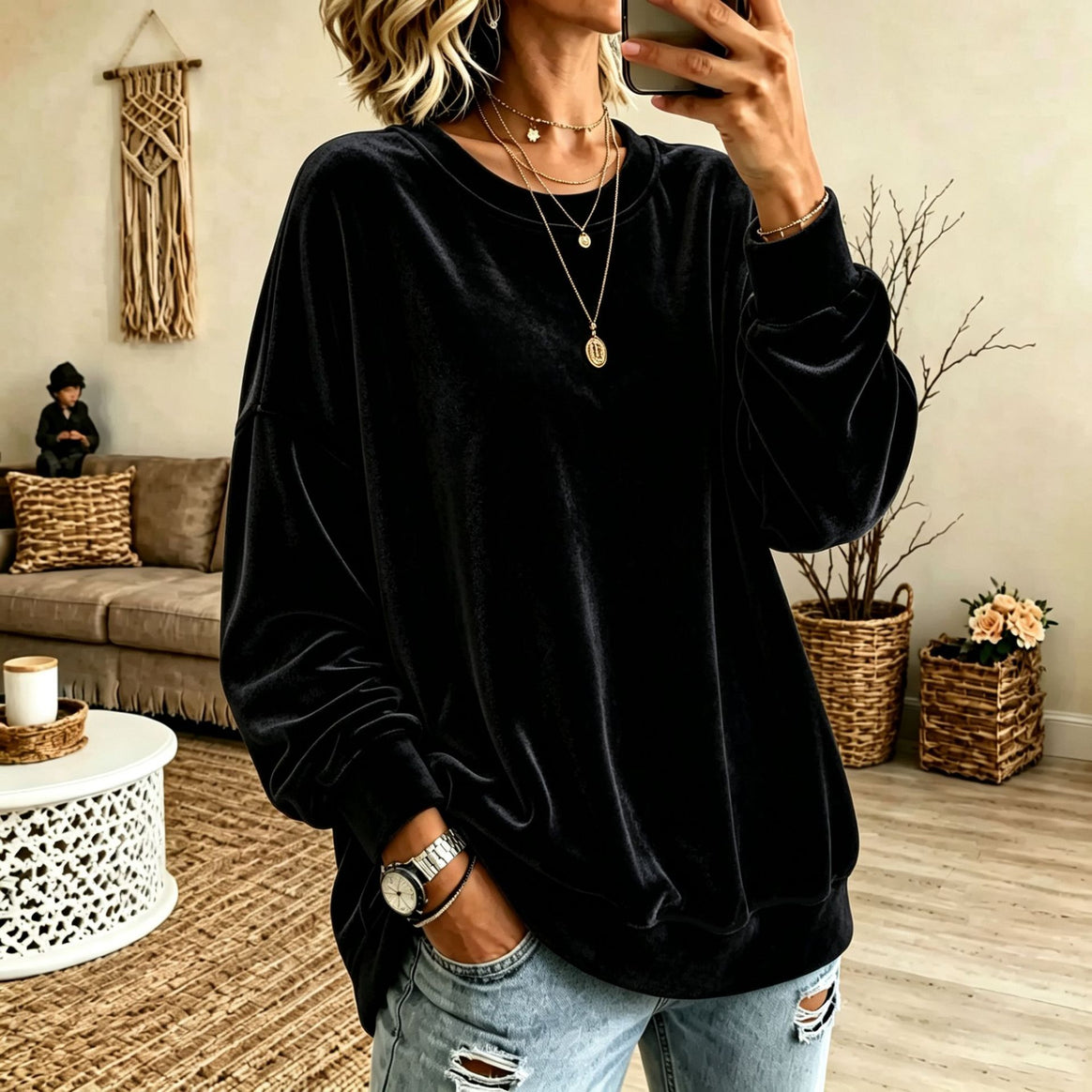 Women Oversized Velvet Sweater with Loose Fit and Ribbed Hem Mune Fashion