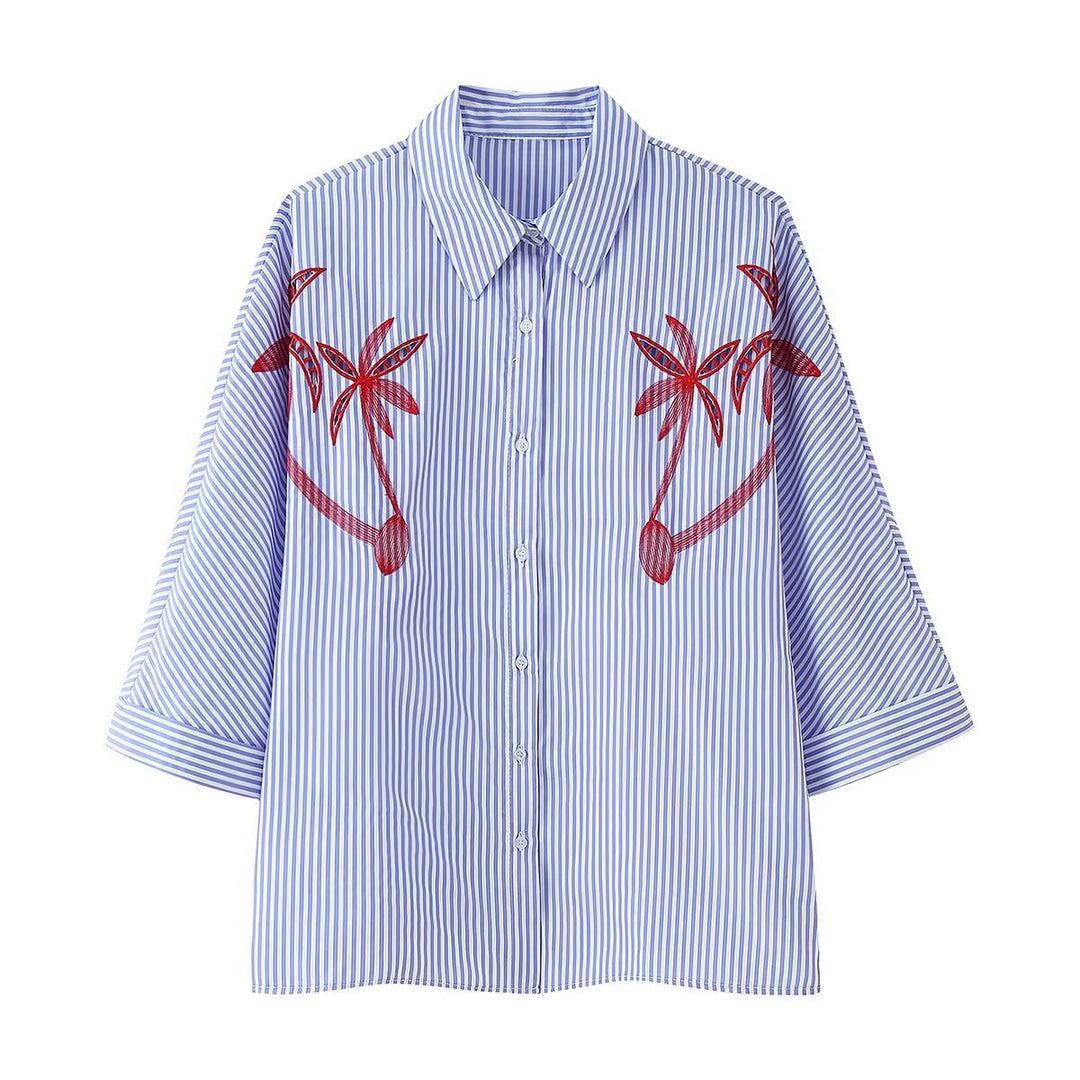 Women Oversized Shirt Blouse with Pinstripes, Palm Embroidery and Three-Quarter Sleeves Mune Fashion