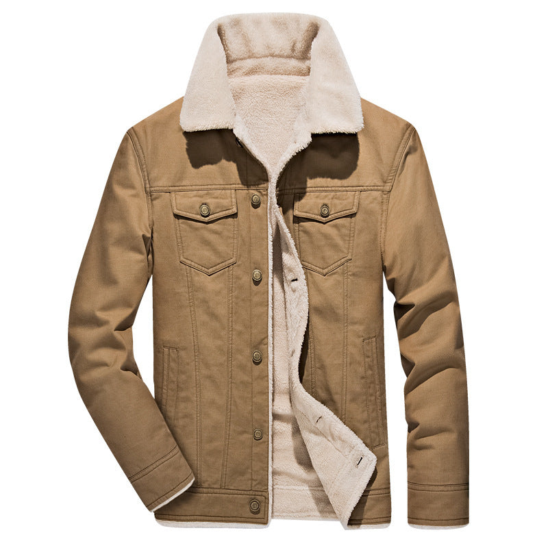Men's Canvas Trucker Jacket with Full Sherpa Lining and Notched Collar Mune Fashion