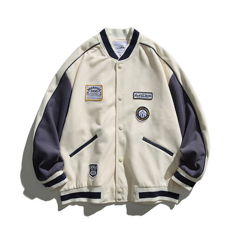 Unisex Boxy College Bomber Jacket with Badge Applications and Contrasting Ribbed Cuffs Mune Fashion