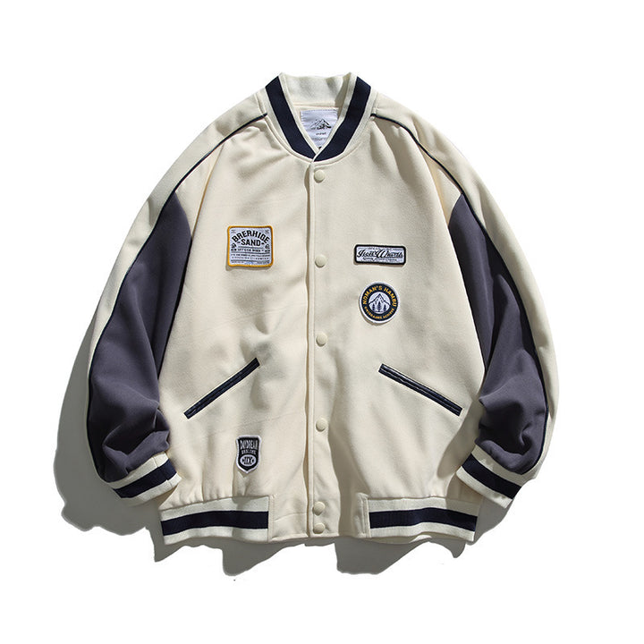 Unisex Boxy College Bomber Jacket with Badge Applications and Contrasting Ribbed Cuffs Mune Fashion