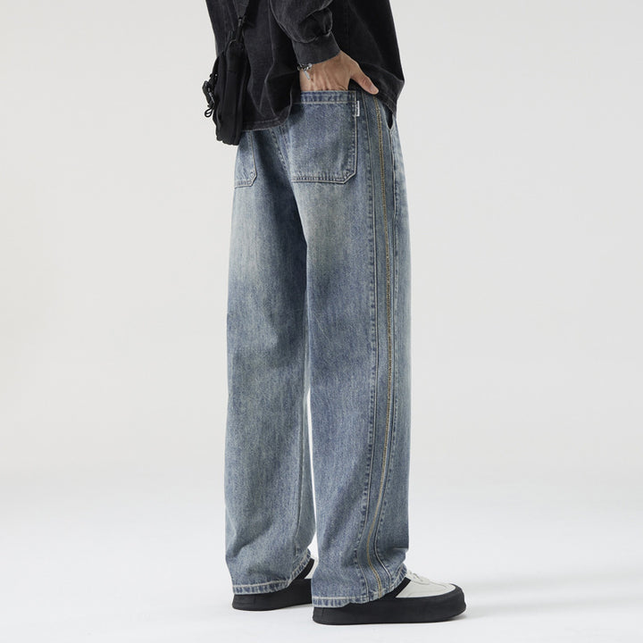 Men's Loose Vintage Denim Jeans with Wash and Straight Leg Mune Fashion