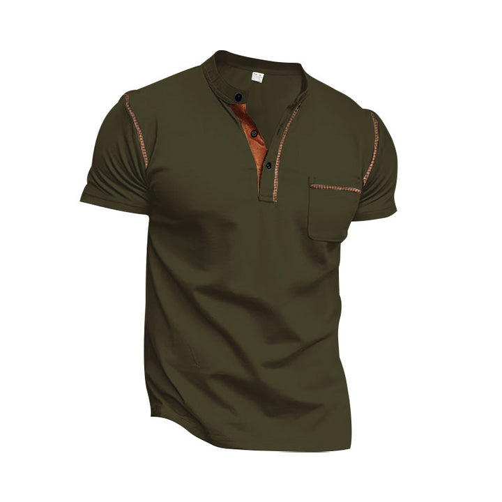 Men's modern short-sleeve Henley with stand collar, contrast stitching, and patch chest pocket Mune Fashion