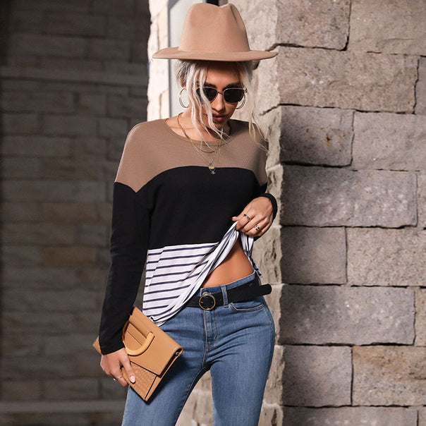 Women's Lightweight Crew Neck Knit Shirt with Waffle Structure Shoulders and Maritime Stripe Cuff Mune Fashion