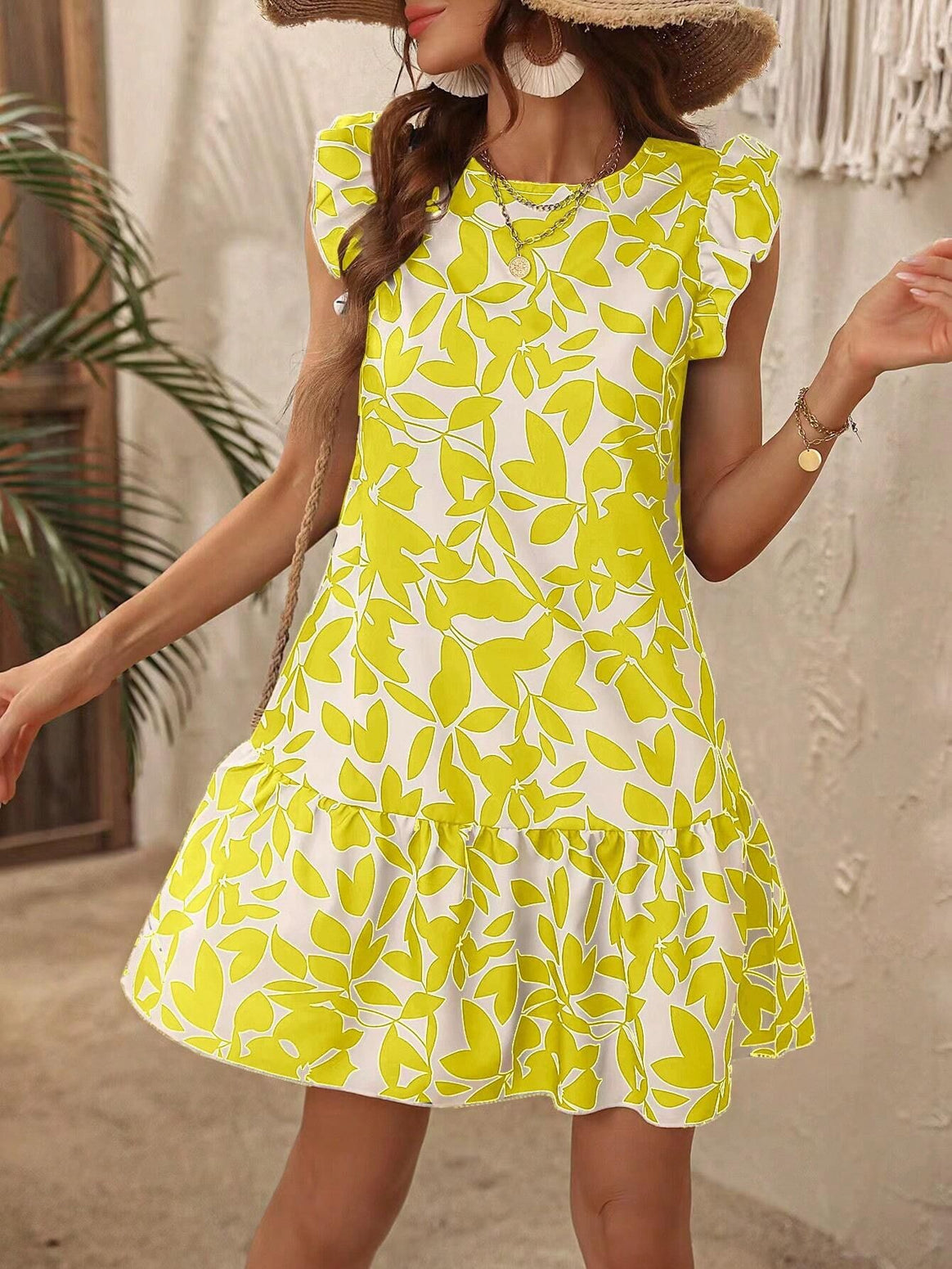Women’s Light Tiered Short Dress with Ruffled Sleeves and Botanical Print Mune Fashion