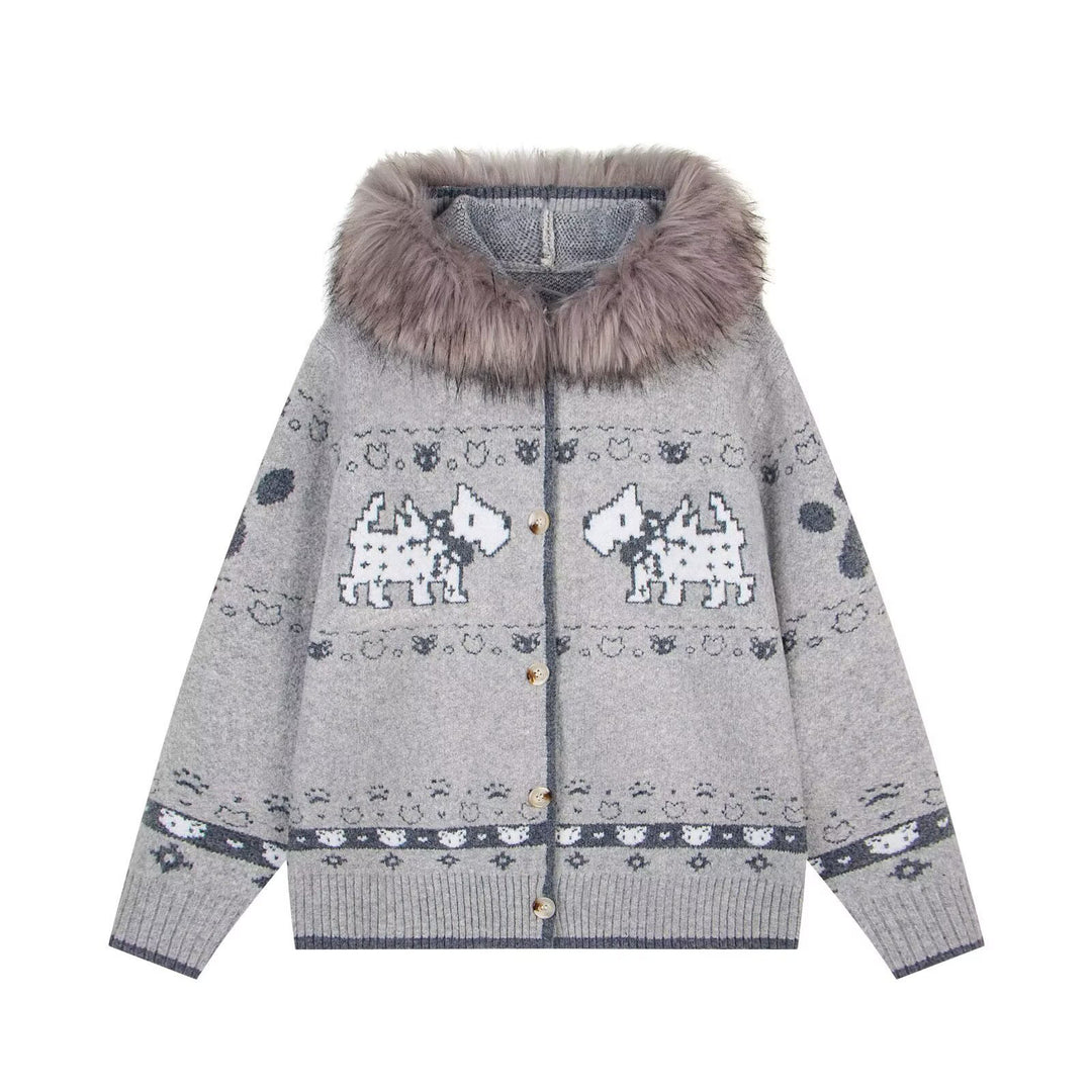 Ladies Cozy Cardigan with Animal Pattern and Fur Collar Mune Fashion