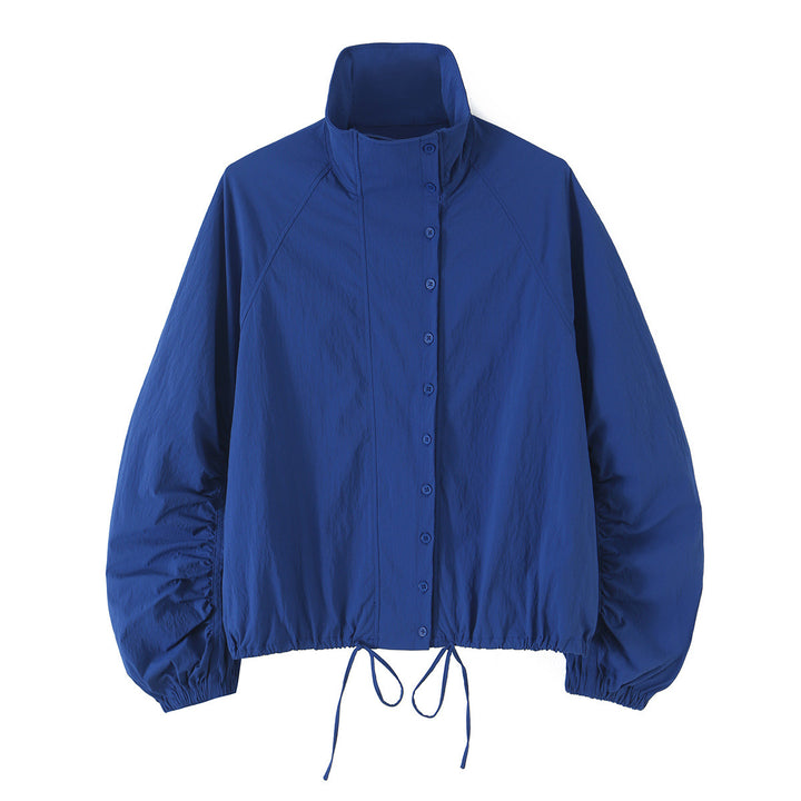 Women's Light Cropped Transition Jacket with Stand-Up Collar, Wide Raglan Sleeves and Drawstring Mune Fashion