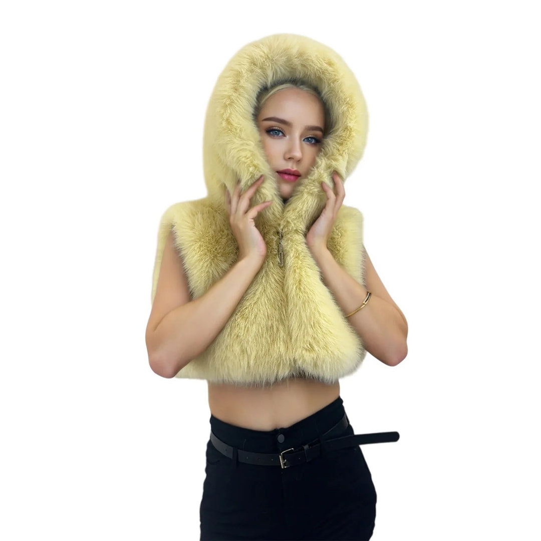 Women's Short Hooded Vest made of High-Pile Faux Fur with Voluminous Long Hair Collar Mune Fashion