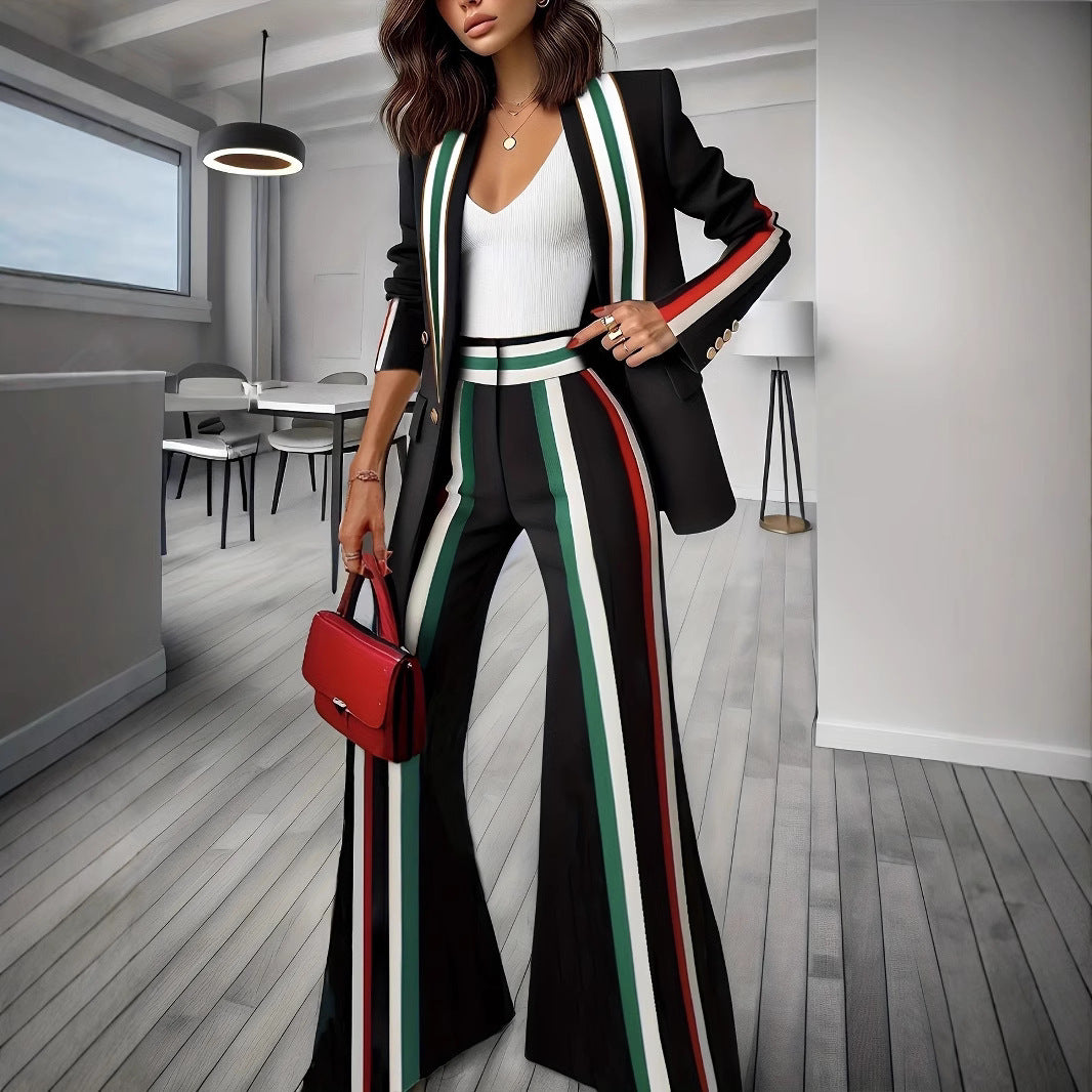 Ladies Elegant Blazer-Pants Set with Side Contrast Stripes and Wide Flare Mune Fashion