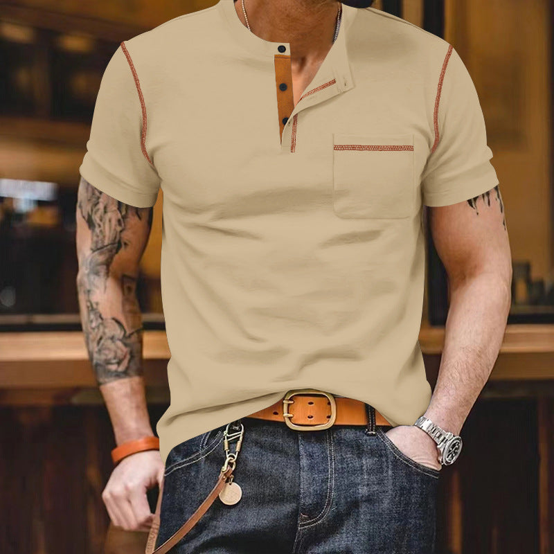Men's short-sleeve shirt with stand-up collar, half-button placket, and chest pocket Mune Fashion