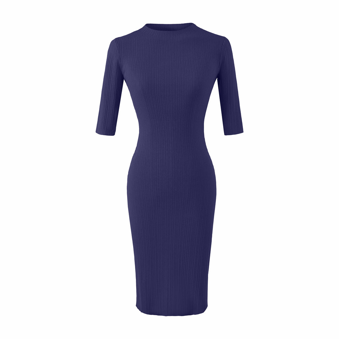 Women's fitted ribbed midi dress with half sleeves and stand-up collar Mune Fashion