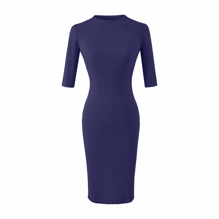 Women's fitted ribbed midi dress with half sleeves and stand-up collar Mune Fashion
