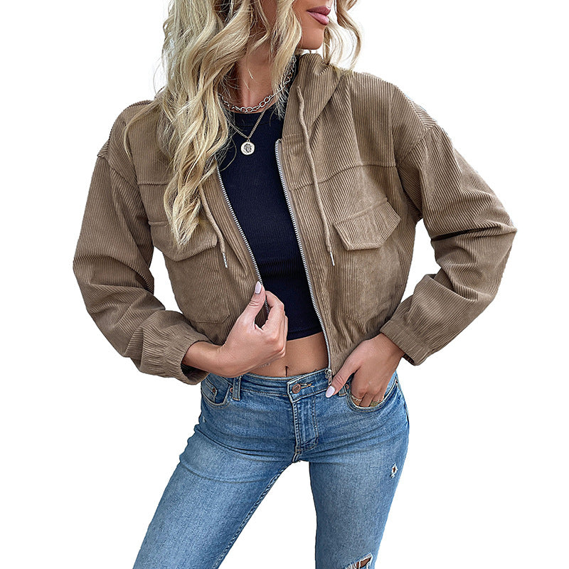 Women's short cord jacket with hood, zipper and patch pockets Mune Fashion