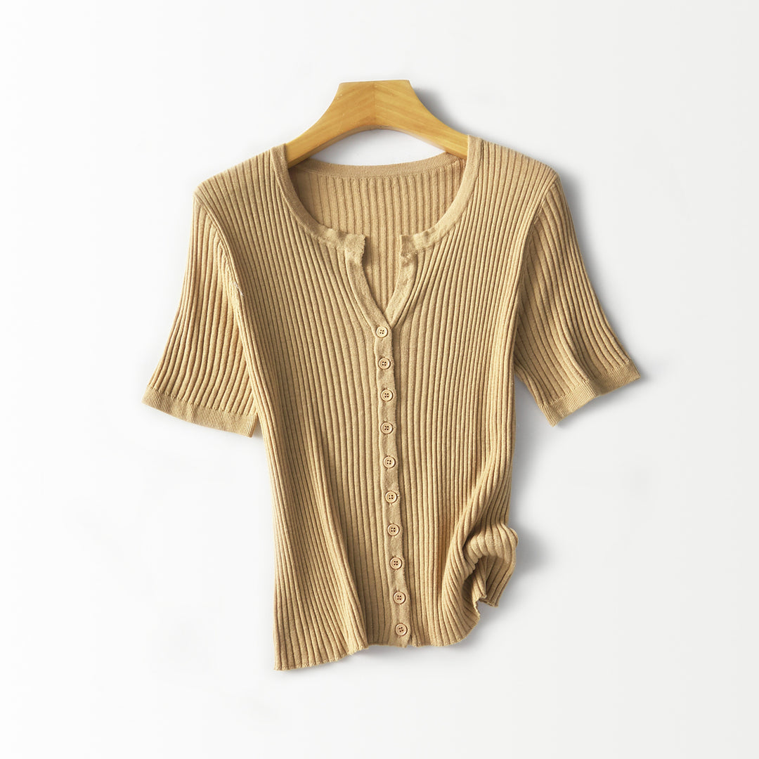 Women's Short-Sleeved Ribbed Button Cardigan from Fine Knit Mune Fashion