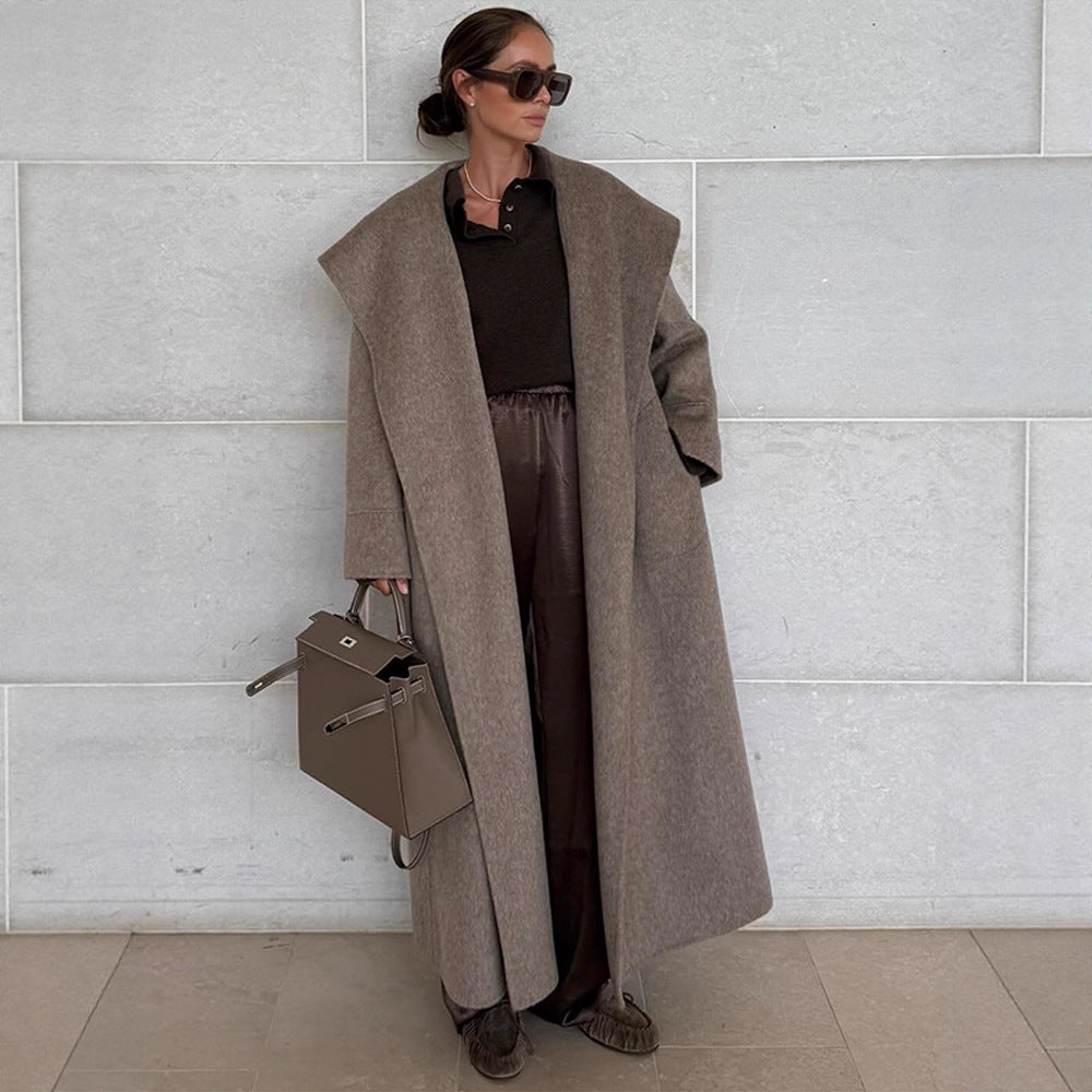 Women's Oversize Wool Blend Coat with Shawl Collar and Casual Maxi Length Mune Fashion