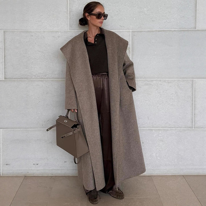Women's Oversize Wool Blend Coat with Shawl Collar and Casual Maxi Length Mune Fashion