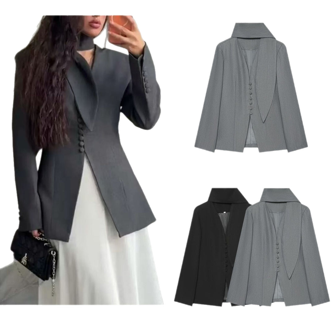 Ladies Tailored Short Blazer with High Stand Collar and Fabric Covered Button Placket Mune Fashion