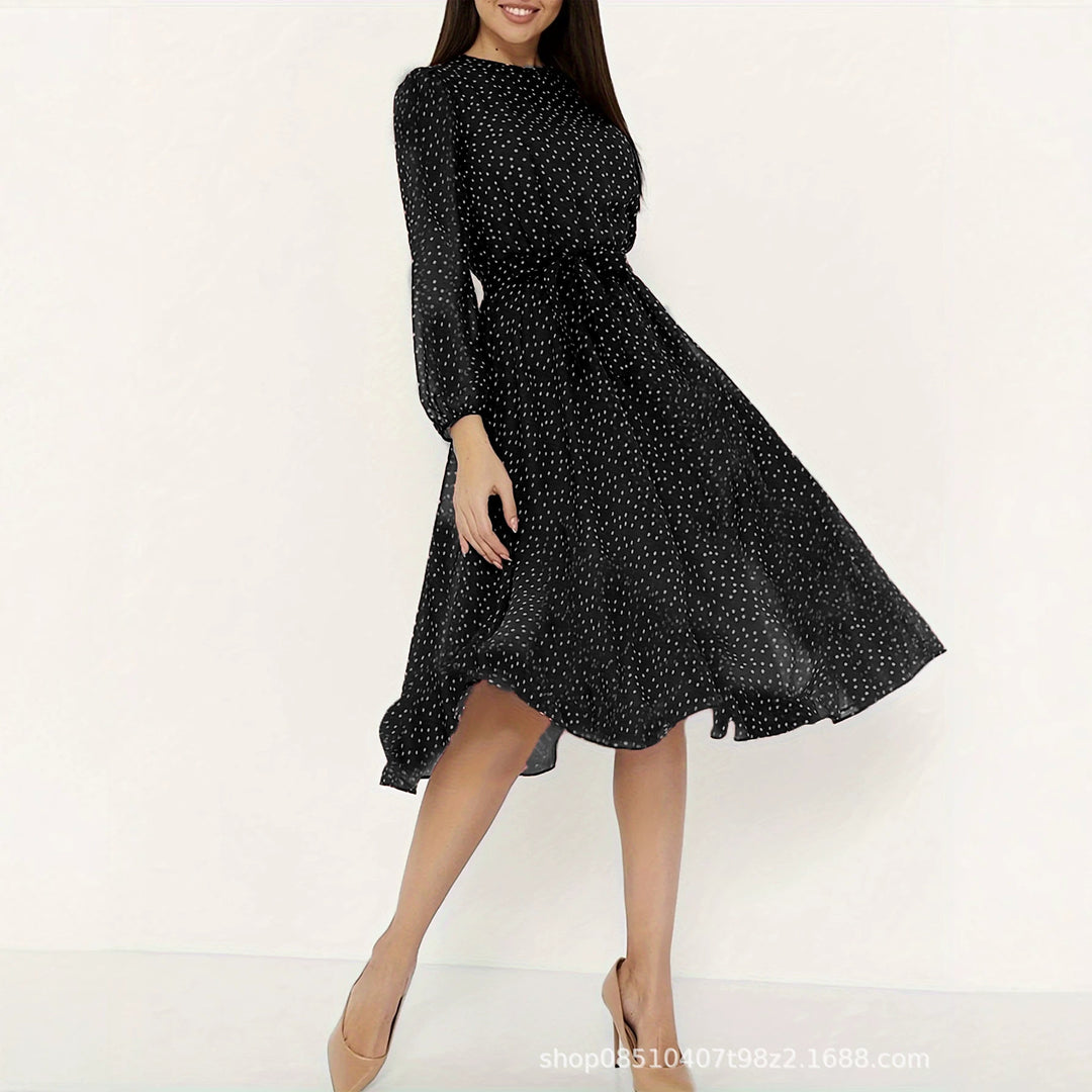 Ladies midi dress with dots, fitted tie belt and flounce skirt Drune
