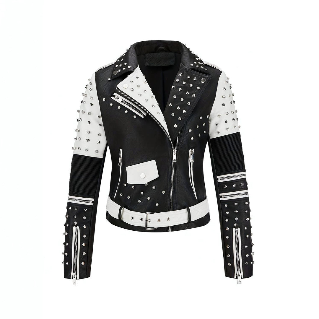 Women's Studded Biker Jacket made of Faux Leather with Waist Belt Mune Fashion