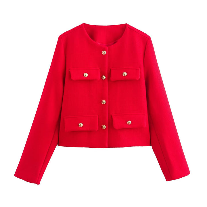 Women Short Boucle Blazer Jacket with Round Neck, Decorative Pocket Flaps, and Gold-Colored Buttons Mune Fashion