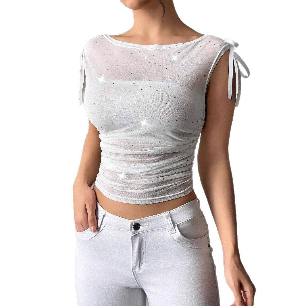 Women's transparent net top with sparkling glitter stones, shoulder knot and waist gathering Mune Fashion