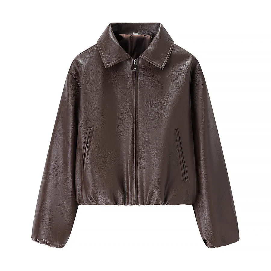 Women nan cropped shiny faux leather bomber jacket with shirt collar and elastic hem Mune Fashion