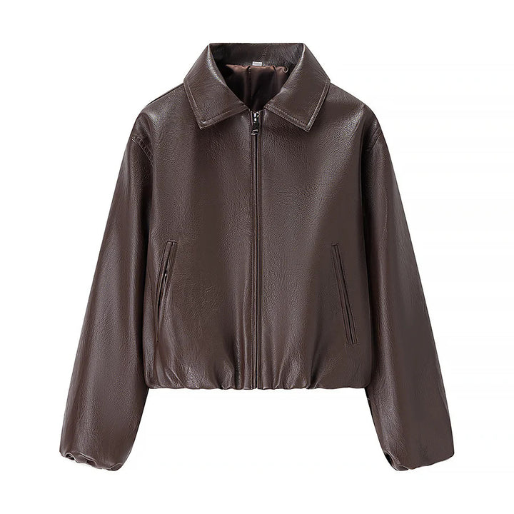 Women nan cropped shiny faux leather bomber jacket with shirt collar and elastic hem Mune Fashion