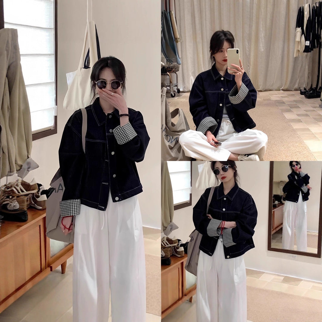 Women Oversized Denim Jacket with Contrasting Check Lining and Cuff Roll Mune Fashion